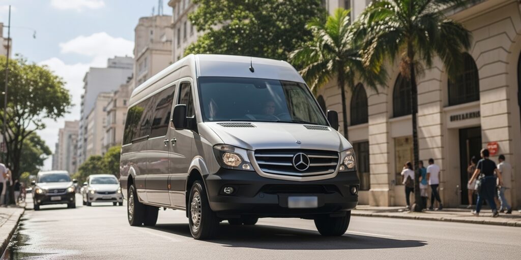 Van executiva blindada Mercedes-Benz Sprinter circulando com elegância pelas ruas do Rio de Janeiro.