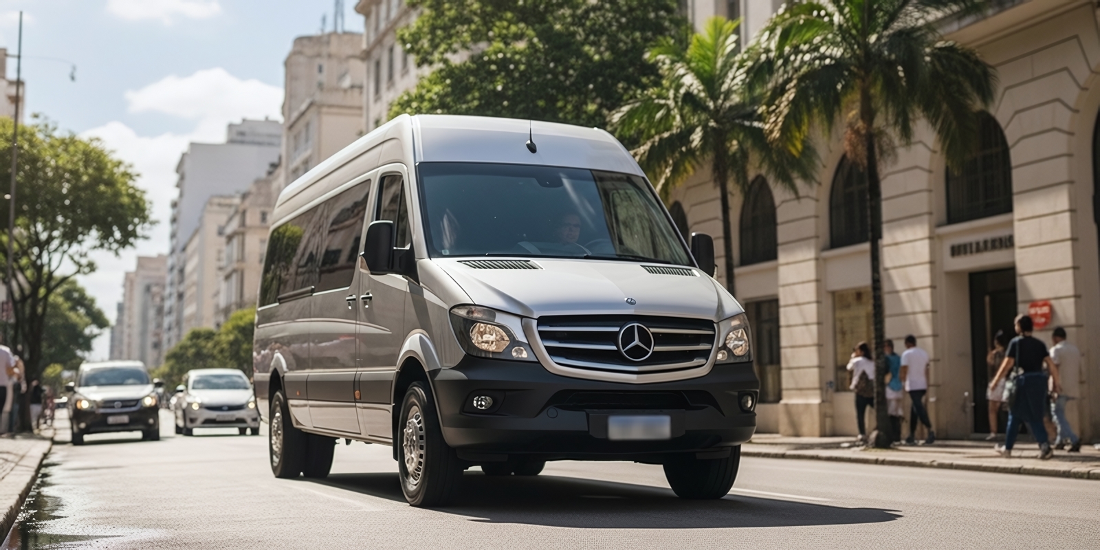 Van executiva blindada Mercedes-Benz Sprinter circulando com elegância pelas ruas do Rio de Janeiro.